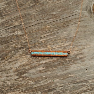 Koa Wood with Turquoise and Recycled Copper Inlay Bar Necklace