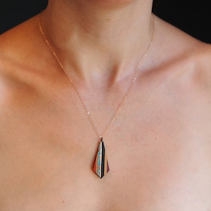 long Recycled Copper and Turquoise Teardrop Pendant Made From Reclaimed Wood, Rose Gold Chain.