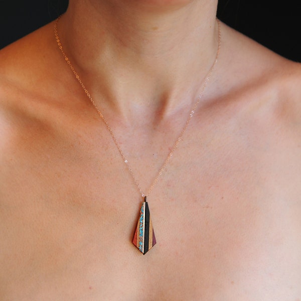 long Recycled Copper and Turquoise Teardrop Pendant Made From Reclaimed Wood, Rose Gold Chain.