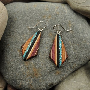 Turquoise and Silver Boho Wood Teardrop Earrings with Recycled Materials, Solid Sterling Hook