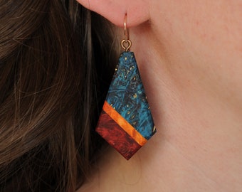 Big Multicolor Geometric Wood Teardrop Earrings