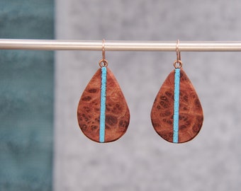 California Redwood Burl and Arizona Turquoise Inlaid Boho Teardrop Earrings 14k Rose Gold Ear Wires Hypoallergenic Dangle Drop.