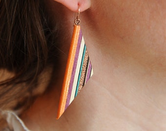 Big Geometric Triangle Statement Earrings with Recycled Copper inlay, Lightweight Hypoallergenic dangle drop earrings.