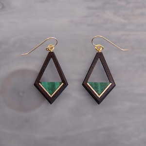 Geometric Wood Teardrop Earrings with Gold or Silver Inlays, boho Chic