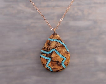 Unique One of A Kind Turquoise and Wood Teardrop Pendant