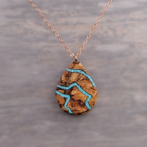 Unique One of A Kind Turquoise and Wood Teardrop Pendant