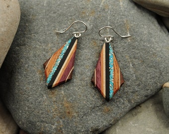 Turquoise and Wood Teardrop Earrings with Solid Sterling Hook