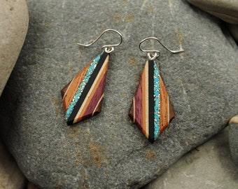 Turquoise and Silver Boho Wood Teardrop Earrings with Recycled Materials, Solid Sterling Hook