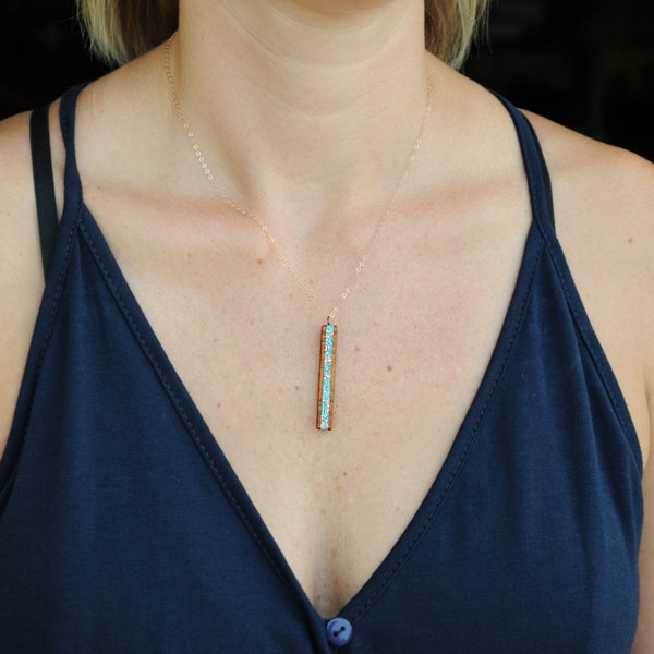 Long Koa Wood with Turquoise and Copper Inlay Vertical Bar Y Necklace