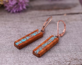 Hawaiian Koa Wood Earrings with Turquoise and Recycled Copper Inlay, Bar Earrings
