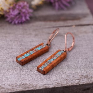 Hawaiian Koa Wood Earrings with Turquoise and Recycled Copper Inlay, Bar Earrings