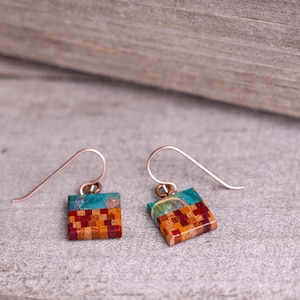 Wood Mosaic Earrings, Hypoallergenic Lightweight Jewelry