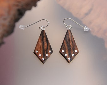 Upcycled Wooden Teardrop Earrings with Silver or Gold Inlay. Five Year Wood Anniversary Gift