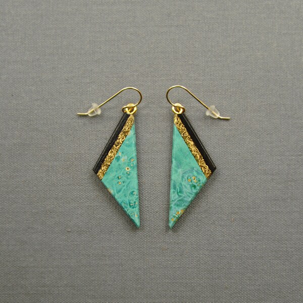 Teal Dyed Burl Wood Triangle Statement Earrings With Recycled Brass Inlay