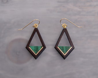 Geometric Wood Teardrop Earrings with Gold or Silver Inlays, boho Chic