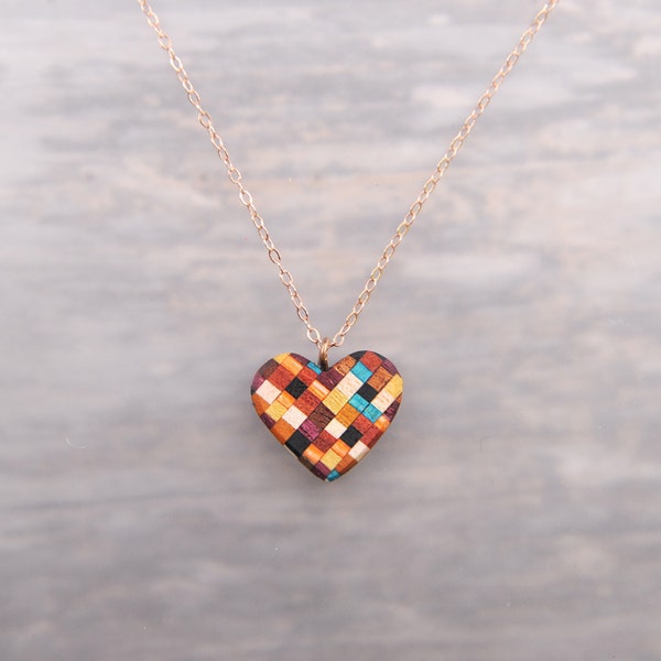 Modern Wood Heart Pendant, Artsy Fun Love Necklace