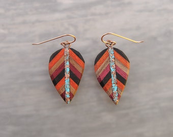 Boho Wood and Turquoise Leaf Earrings Rose gold with Recycled Copper inlay, Lightweight for Sensitive Ears