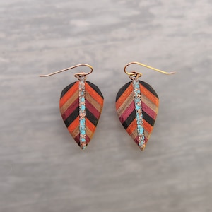 Boho Wood and Turquoise Leaf Earrings Rose gold with Recycled Copper inlay, Lightweight for Sensitive Ears