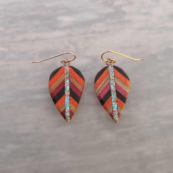 Boho Wood and Turquoise Leaf Earrings Rose gold with Recycled Copper inlay, Lightweight for Sensitive Ears