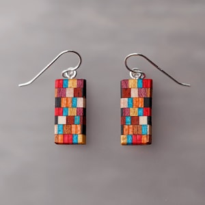 Colorful Rectangle Dangle Earrings Made From Upcycled Skateboards.