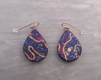 Unique Mismatched Silver or Copper One of A Kind Wood Teardrop Dangle Drop Earrings