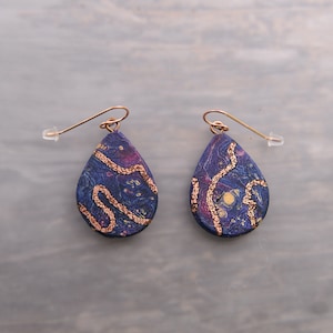 Copper Swirl Dyed Wood Earrings: 14k Rose gold Teardrop