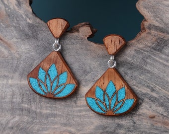 Turquoise Lotus Drop Earrings, Art Deco Bridal Earrings, Wedding Earrings Bridesmaid, Fan Koa Earrings, Floral Flower Earrings