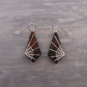 Silver Spider Web Statement Earrings Black Walnut Burl