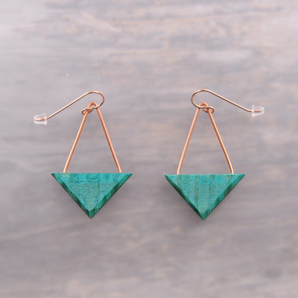 Boho Chic Geometric Teal Triangle Wood Statement Earrings