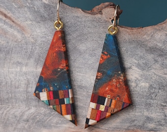 Colorful Multicolor Statement,  Large Wood Triangle Earrings, Bold Striking Design, Handmade Boho