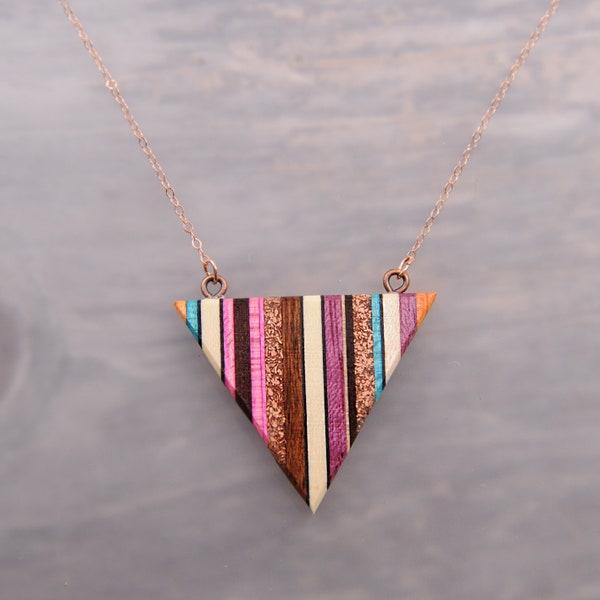 Striped Triangle Wood Necklace With Copper Inlay, Modern Geometric Jewelry, Hypoallergenic