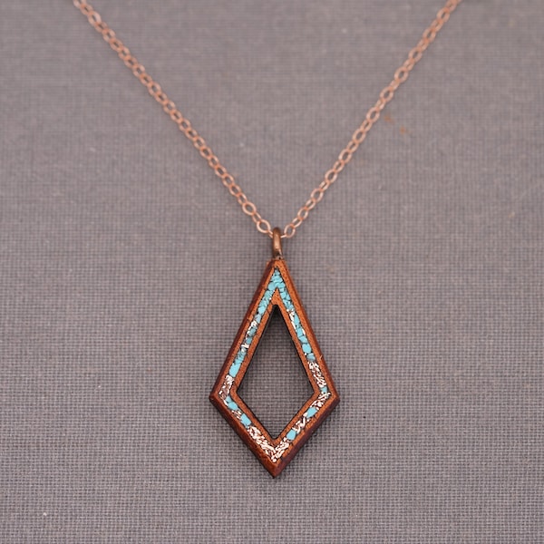 Recycled Koa Wood Turquoise Copper Inlay Pendant: 14k Rose Gold Chain