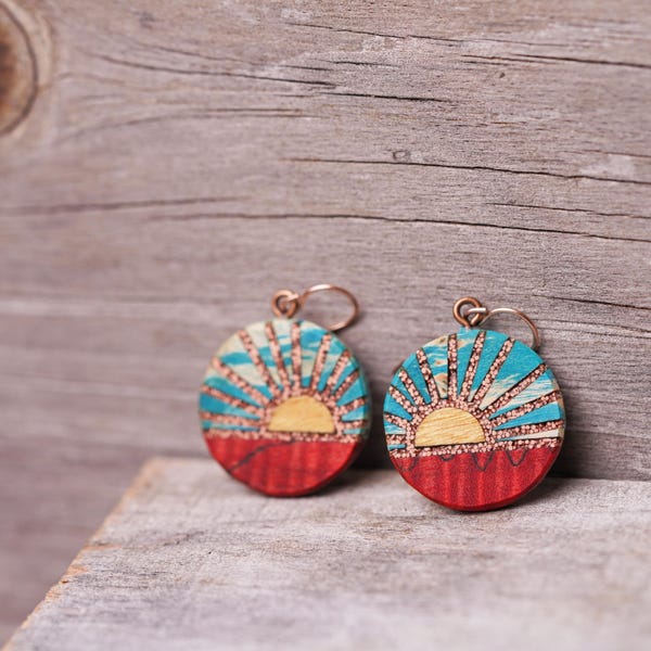 Handmade Sunrise Earrings:  Recycled Wood and copper inlay Jewelry