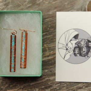 Long Hawaiian Koa Turquoise Inlaid Earrings with Recycled Copper, long Rose Gold Ear Wires image 8