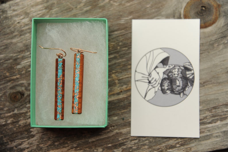 Long Hawaiian Koa Turquoise Inlaid Earrings with Recycled Copper, long Rose Gold Ear Wires image 8