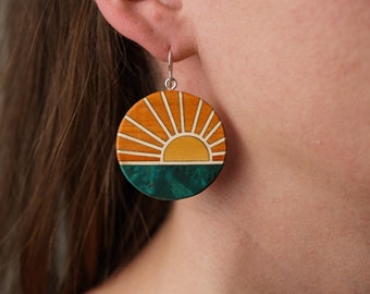 Sunrise Sunset Wood Inlay Statement, Wood Dangle Earrings