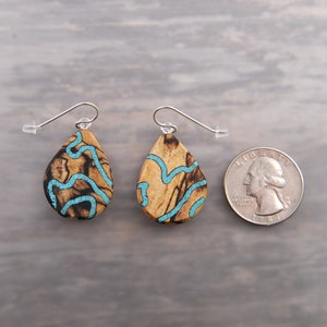 Unique Mismatched One of A Kind Turquoise and Wood Teardrop Dangle Drop Earrings image 6