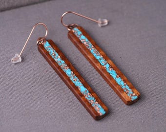 Koa Wood Inlaid Earrings: Turquoise, Recycled Copper, Rose Gold