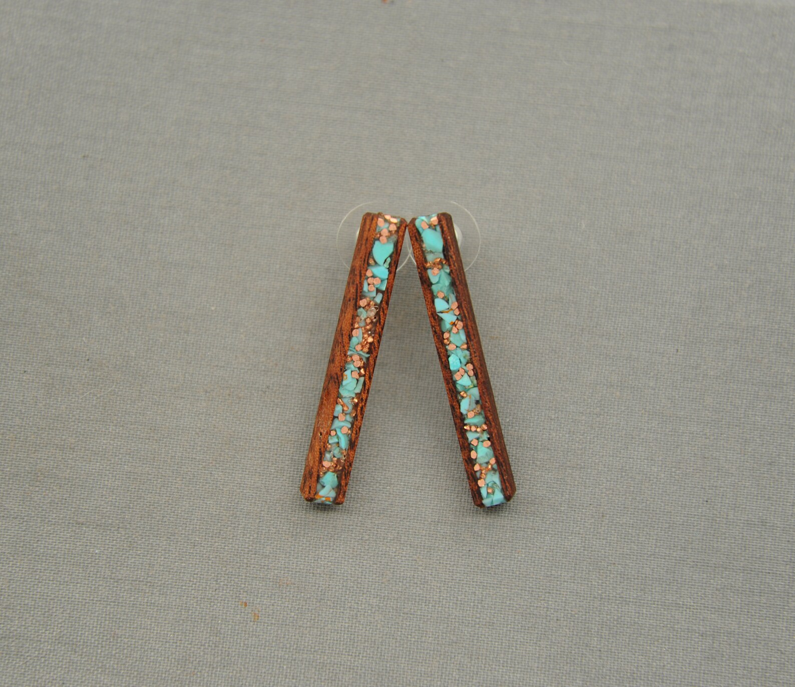 Long Koa Wood Earrings with Turquoise and Recycled Copper Etsy