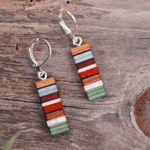 Dainty Modern Pearl inlaid Wood Earrings, Geometric Rectangle with Sterling Silver Dangles