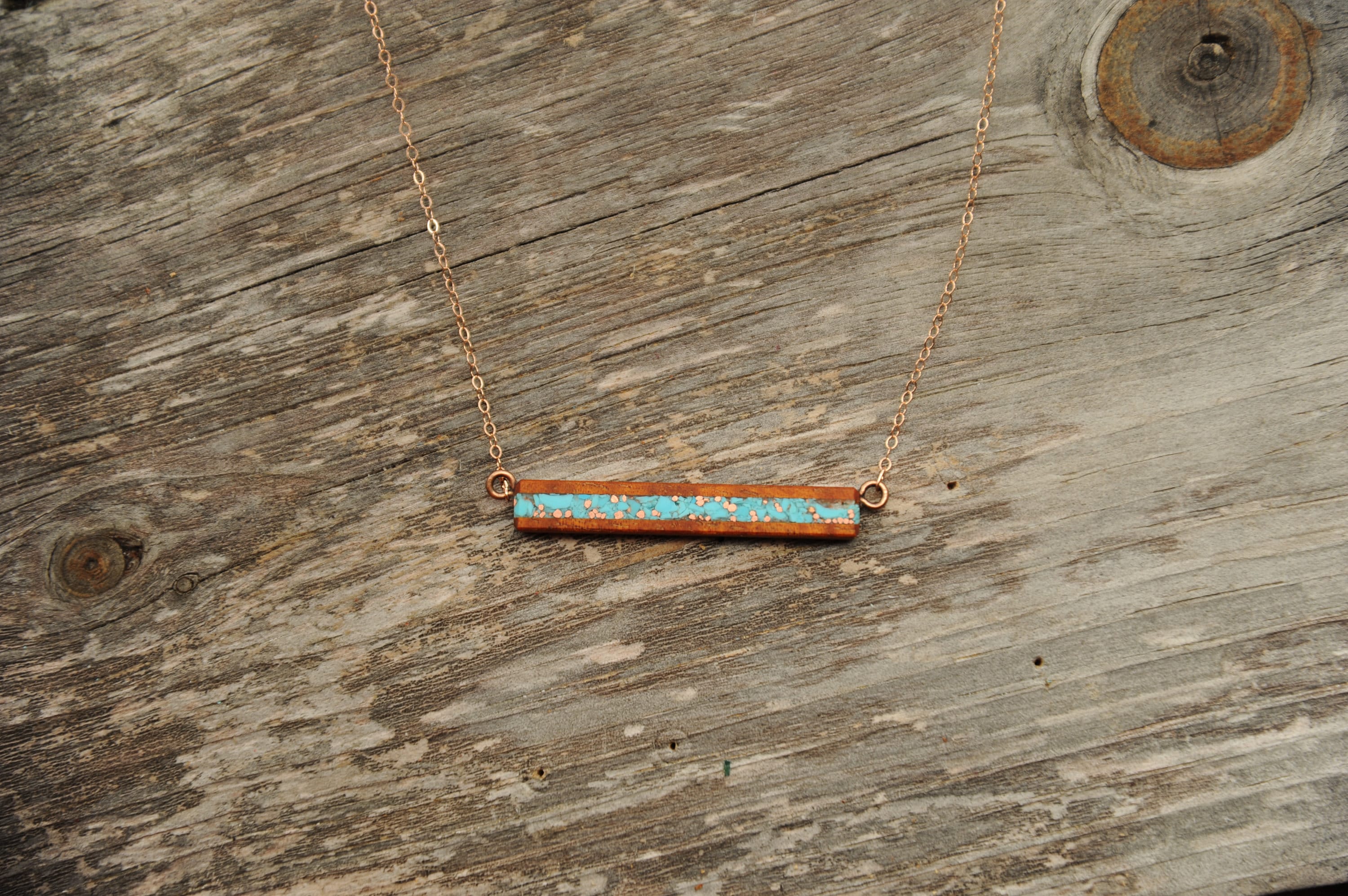 Koa Wood with Turquoise and Recycled Copper Inlay Bar Necklace