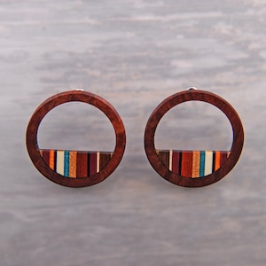 Wood Circle Hoop Statement Earrings with Turquoise, Surgical Steel, Lightweight Boho image 8