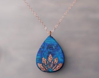 Copper Inlay Lotus Flower Blue Wood Pendant with 14k Rose gold Chain