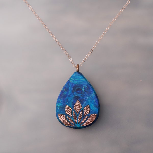 Copper Inlay Lotus Flower Blue Wood Pendant with 14k Rose gold Chain