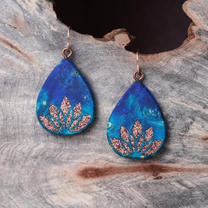 Copper Inlay Lotus Flower Blue Teardrop, Wood Dangle Earrings