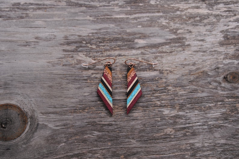 Recycled Copper and Turquoise Dangle Made From Reclaimed Wood, Rose Gold Ear Wires Hypoallergenic. image 1