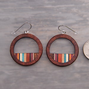 Wood Circle Hoop Statement Earrings with Turquoise, Surgical Steel, Lightweight Boho image 4