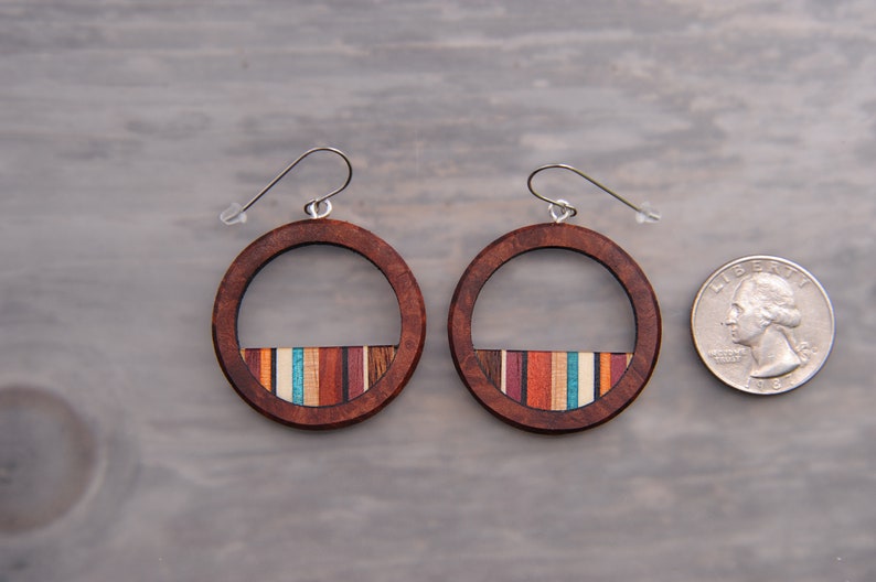 Wood Circle Hoop Statement Earrings with Turquoise, Surgical Steel, Lightweight Boho image 4