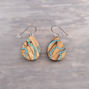 Unique Mismatched One of A Kind Turquoise and Wood Teardrop Dangle Drop Earrings Surgical Steel