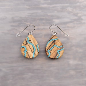 Unique Mismatched One of A Kind Turquoise and Wood Teardrop Dangle Drop Earrings image 5